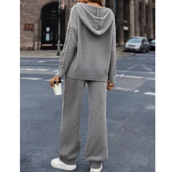 Grey Preppy Womens Cable Knit Hooded Sweater & Knit Pants set - Picture 2 of 5
